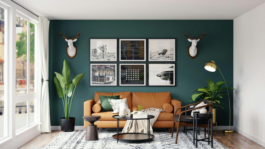 Room with a deep green painted accent wall