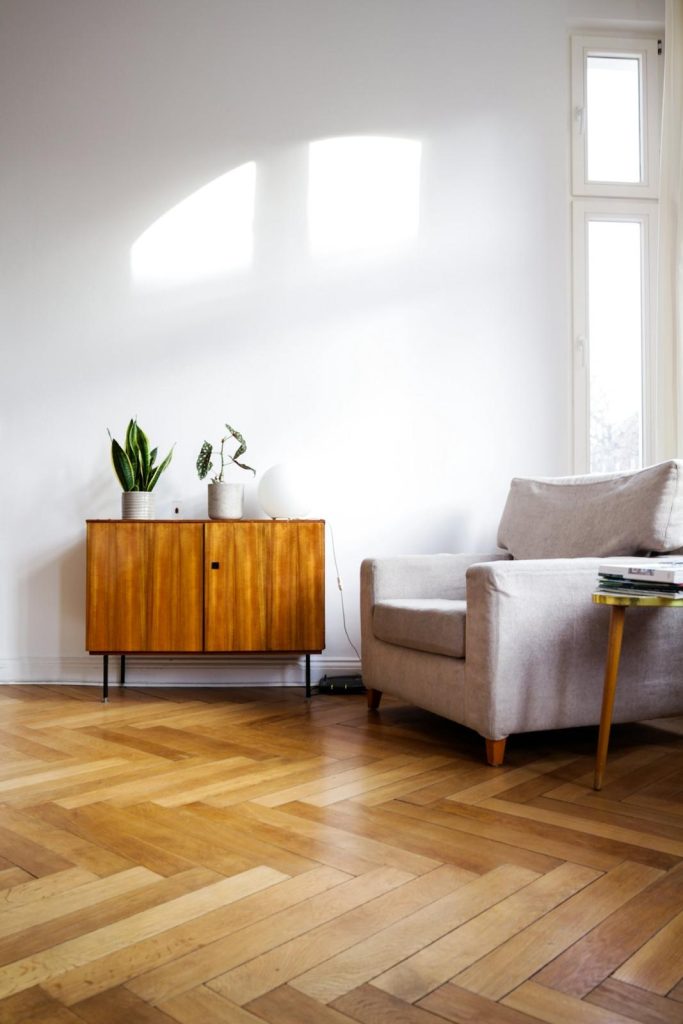Herringbone wood-look flooring in a living room