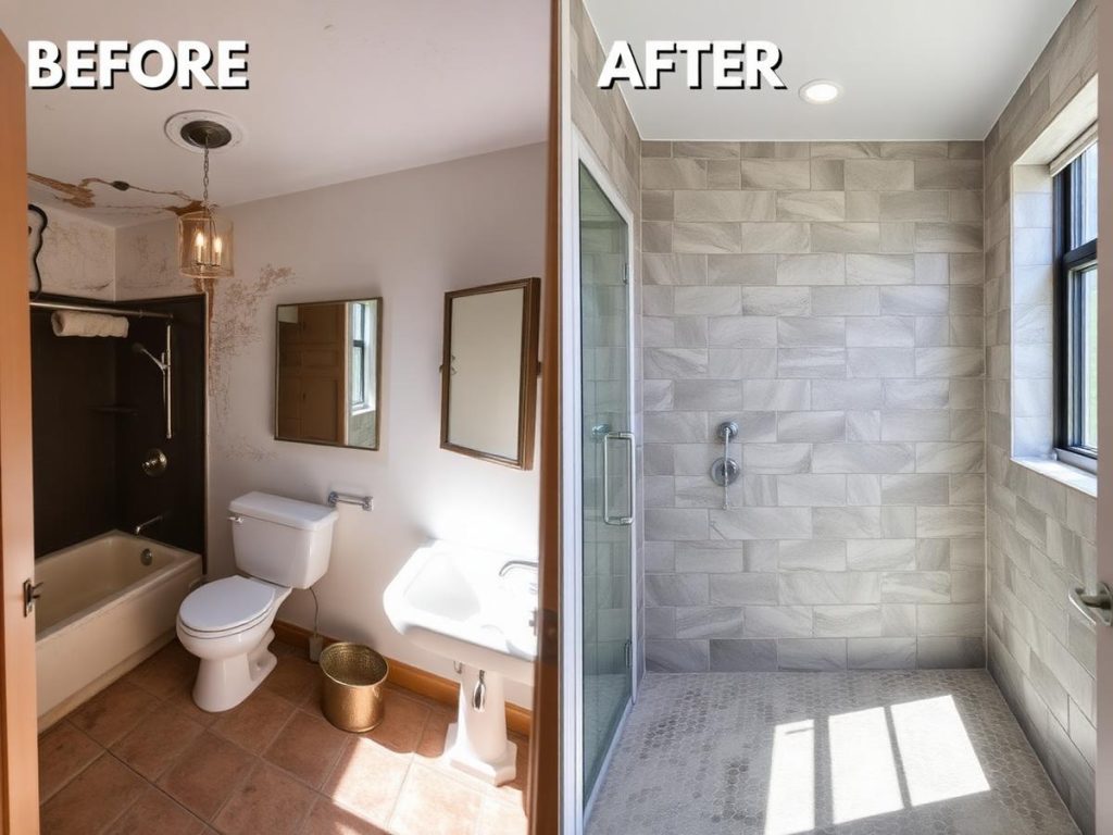 Bathroom remodel before and after with a new tiled walk-in shower