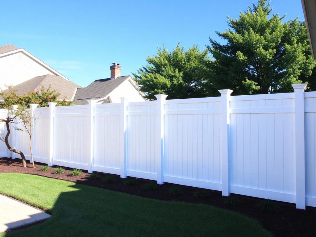 New white vinyl privacy fence around a backyard